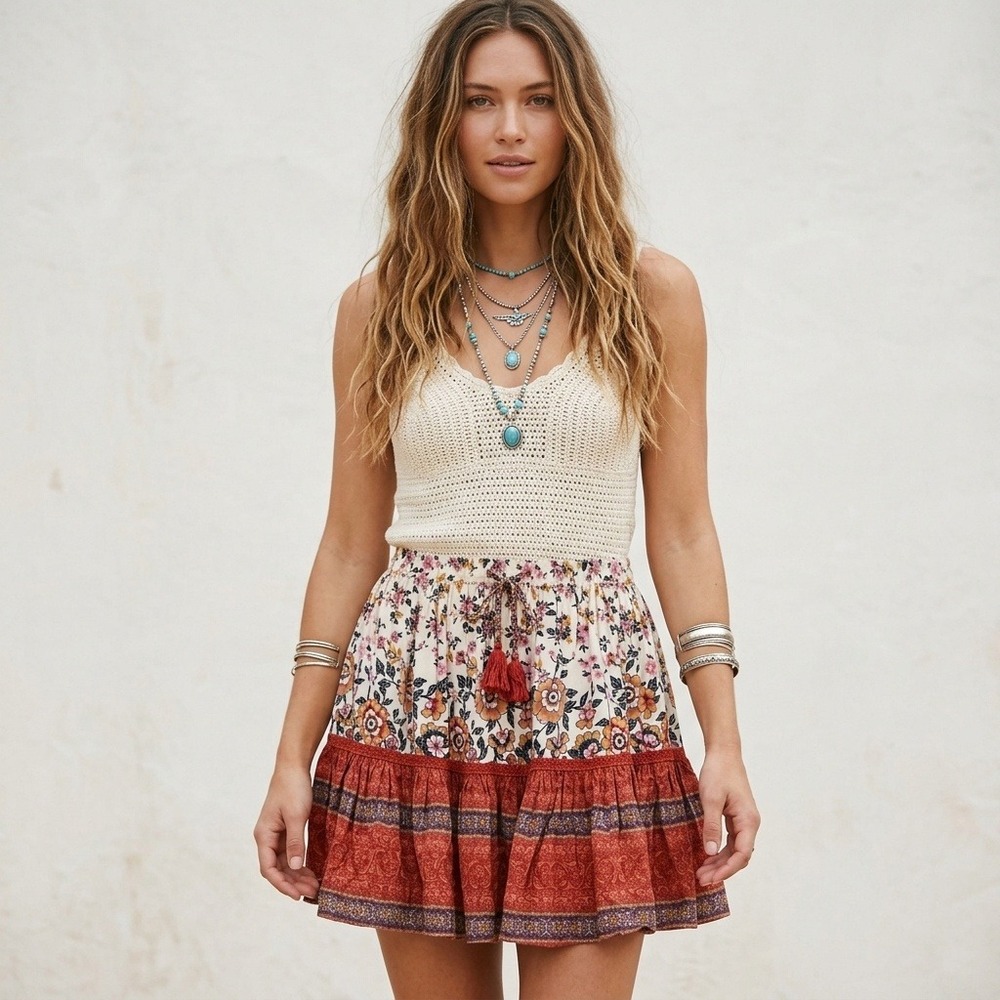 Spell & The Gypsy Rosewood Floral Mini Skirt XS Revolve Boho Festival Hippie